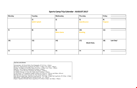 sports august calendar template