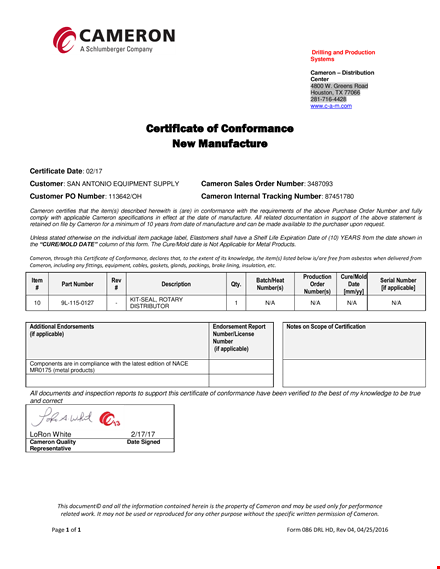 cameron certificate of conformance | applicable certificate number template