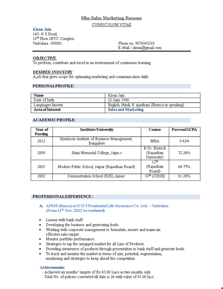 mba sales marketing resume template
