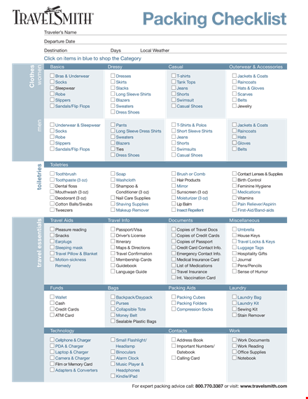 packing checklist for travel: shirts, essentials, and more template