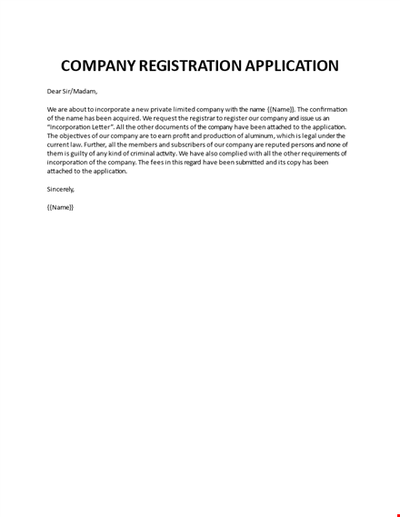 template to apply for registration of private company template