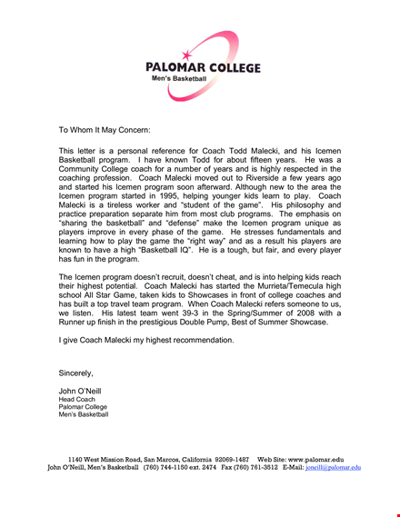 letter of recommendation for coaching job: coach malecki & icemen basketball program template