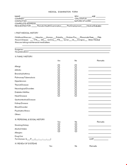 medical examination form - comprehensive employment history, medical disease screening & remarks template