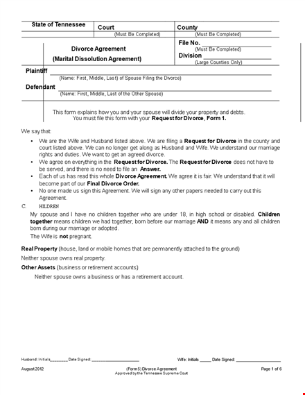 divorce agreement for spouse and husband: resolve debts template