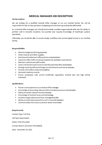 medical manager job description  template