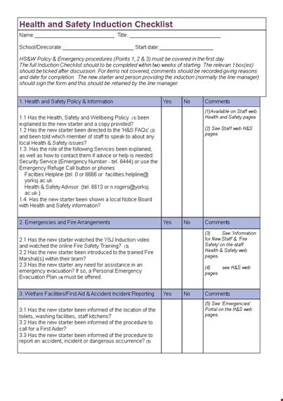 health and safety induction checklist for starter employees | ensuring safety and health compliance template