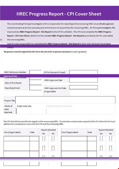 performance progress report cover page sheet template