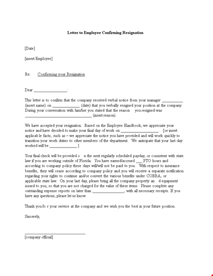 resignation confirmation acknowledgement letter template template