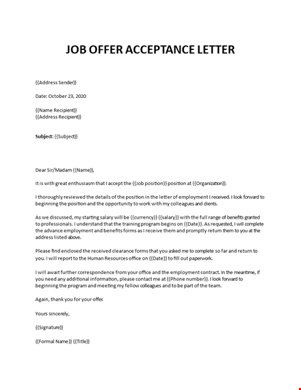 job offer acceptance letter sample template