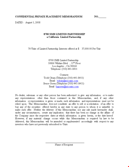 private placement memorandum template for general partnership and limited partner template