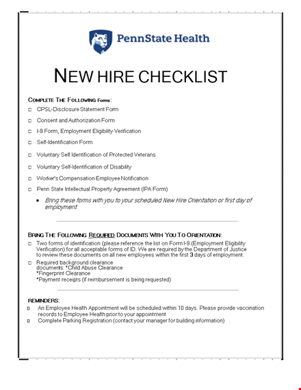 complete new hire checklist for efficient onboarding | xyz company template