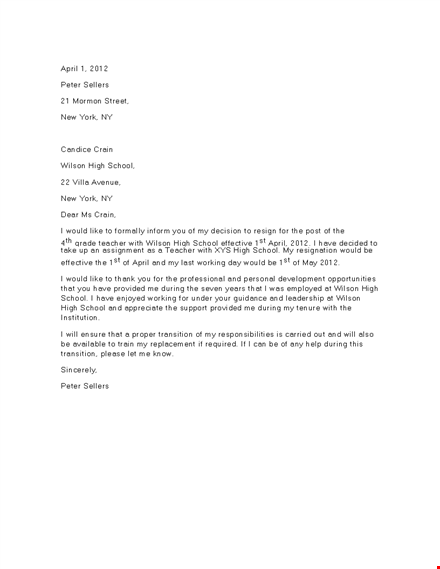 short resignation letter for teachers template