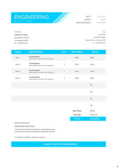 engineering quotation template - generate quotes for the engineering industry template