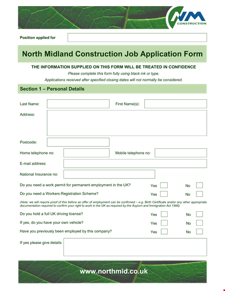 construction employee application form template