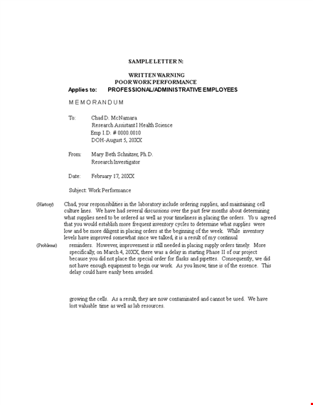 formal warning letter template for employee performance, orders, and supplies template