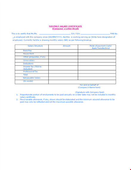 salary certificate letter template for monthly salary | company certificate template