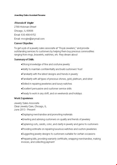 jewellery sales assistant resume template