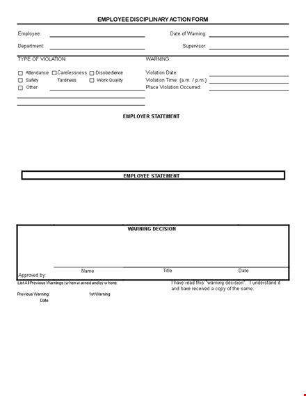 employee disciplinary action form - warning, disciplinary decision & previous actions template