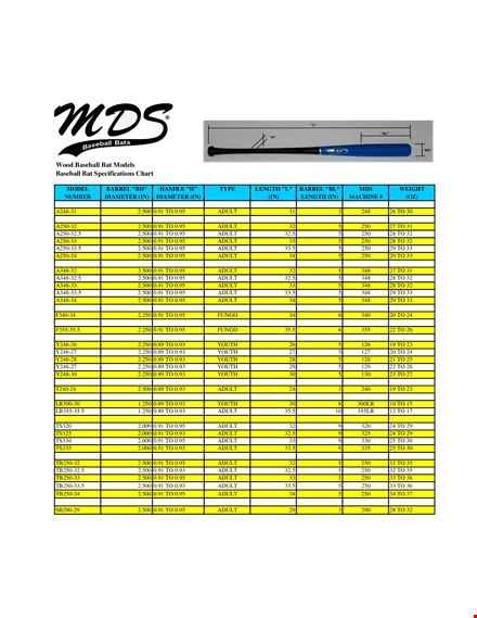 wood base ball bat size chart template