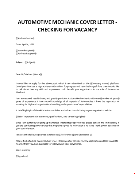 automotive mechanic cover letter template