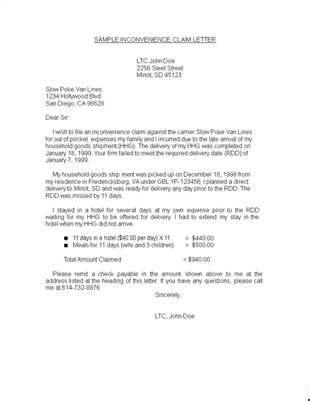 claim letter template - get compensated for hotel delivery issues template