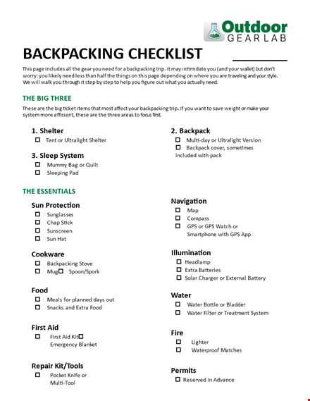 printable backpacking checklist template