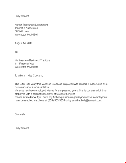 proof of employment letter - template for tennant, holly, vanessa & associates worcester template