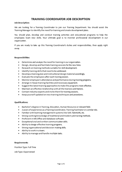 training coordinator job description template