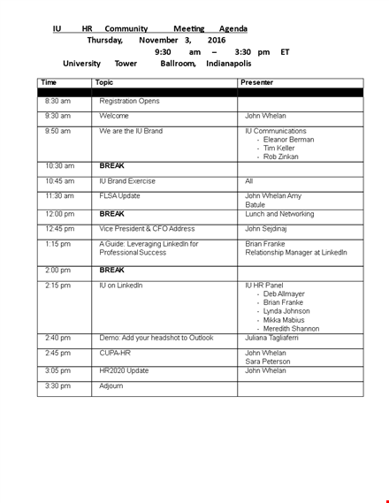 hr team meeting agenda for university professionals template