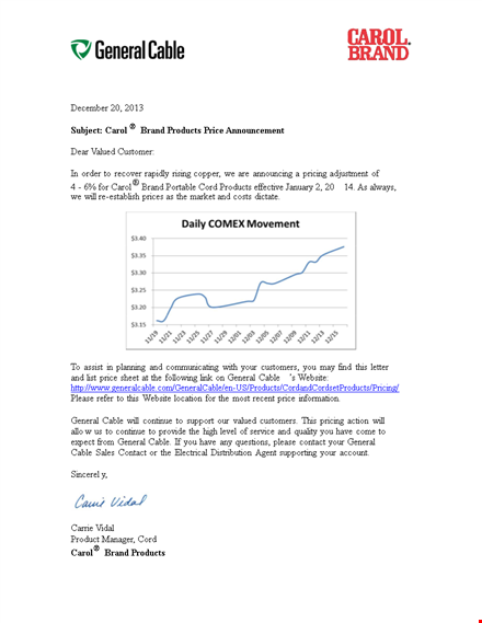 price increase letter - general brand | carol products & cable template