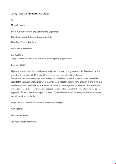 job application letter for nursing student template