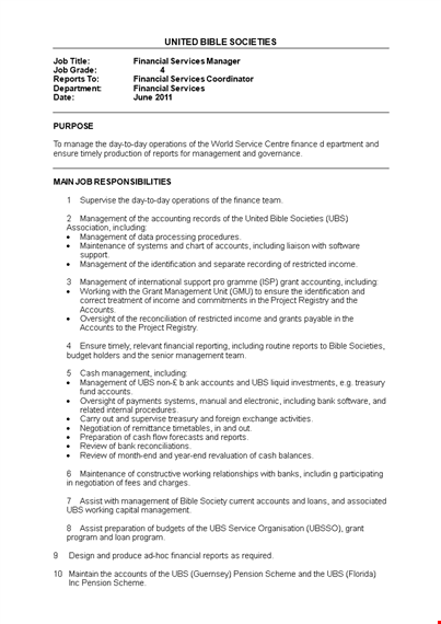 financial services manager job description template
