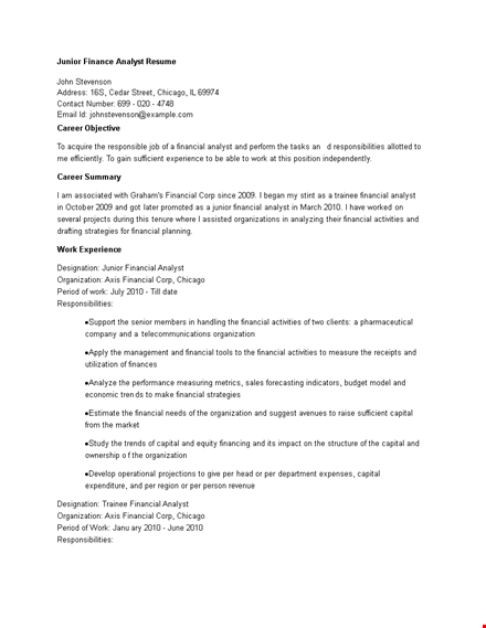 junior finance analyst resume template