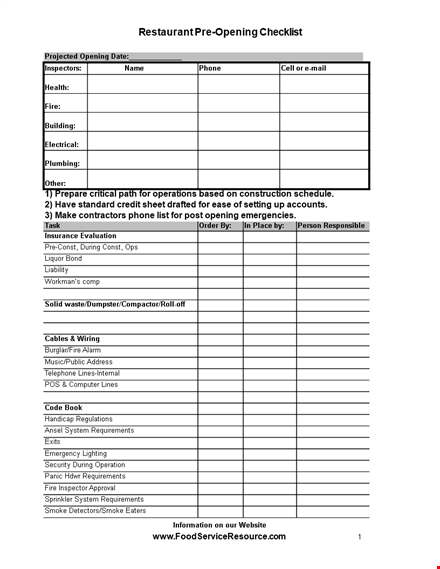 pre opening checklist template