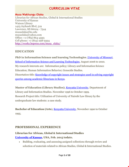 cv template for university librarian template