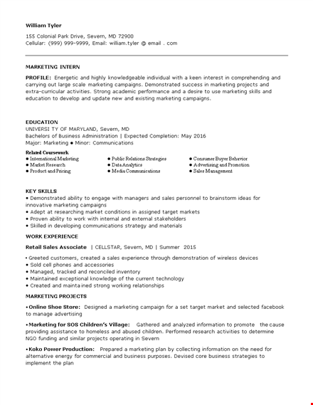 marketing intern job resume template
