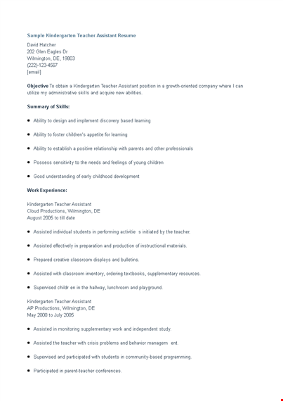 kindergarten assistant teacher resume template