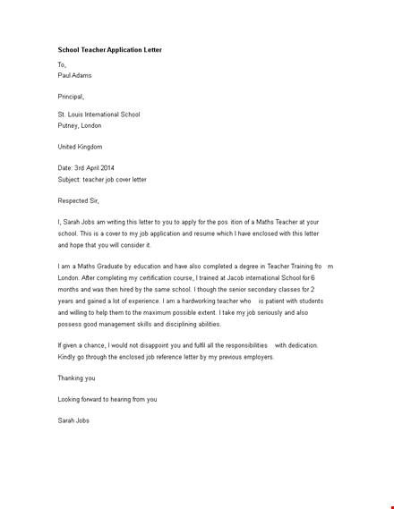 school teacher application letter template