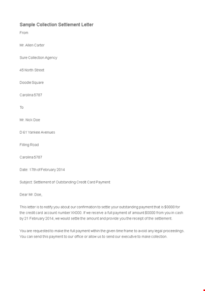 collection settlement letter template template