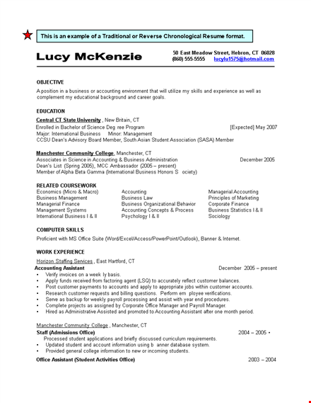 college experience & skills | manchester community | reverse chronological resume template