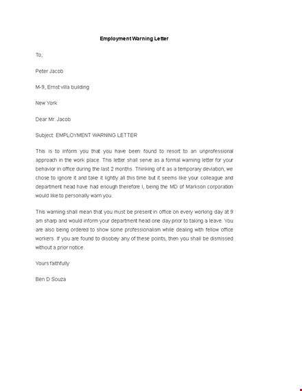 employee warning letter: proper office warning and employment discipline template