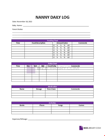 nanny daily log template