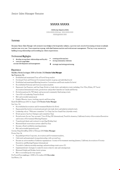 senior sales manager resume - meeting association markets society template