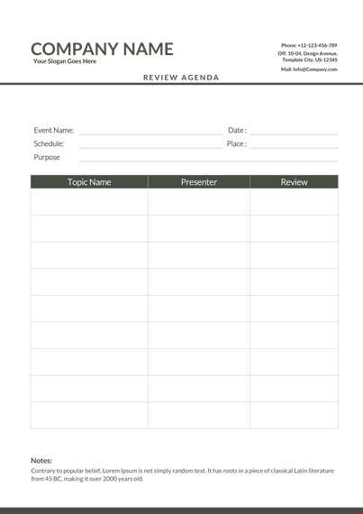 effective review agenda template for company review meetings | phone call template