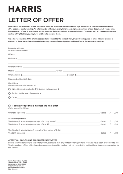 free real estate offer letter template - create vendor contracts & offers template