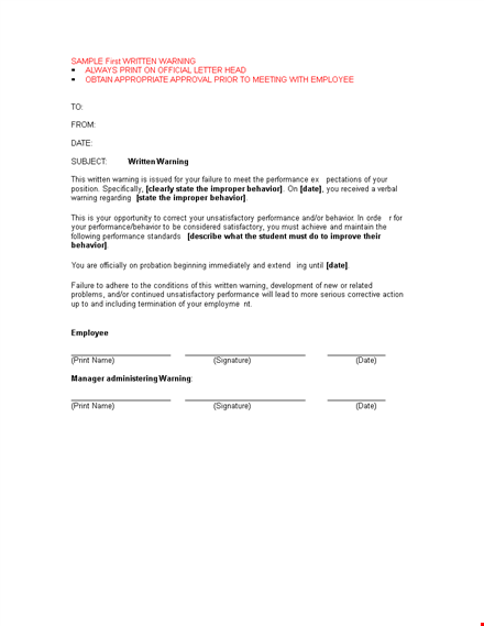 first written warning letter template template