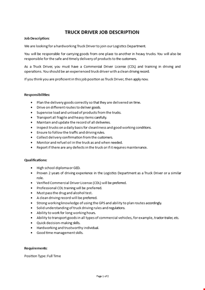 truck driver job description template