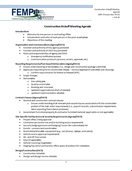 construction kick off meeting agenda template template