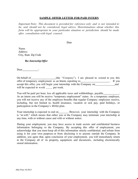 paid internship offer letter sample template