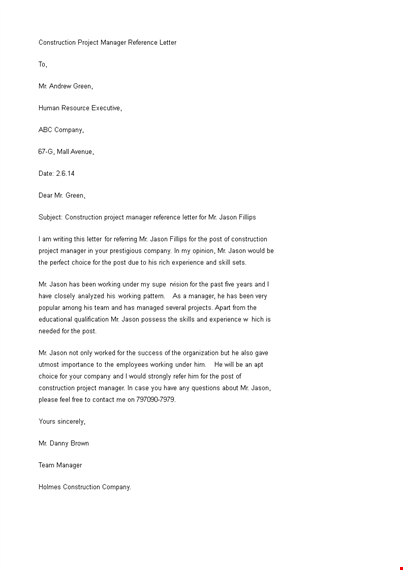 construction project manager reference letter template